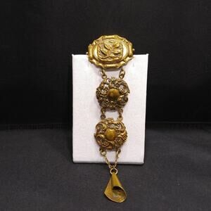 Vintage Brass Dangle Brooch 5.5" Long Filigree Panel Patina Finish Statement Pin